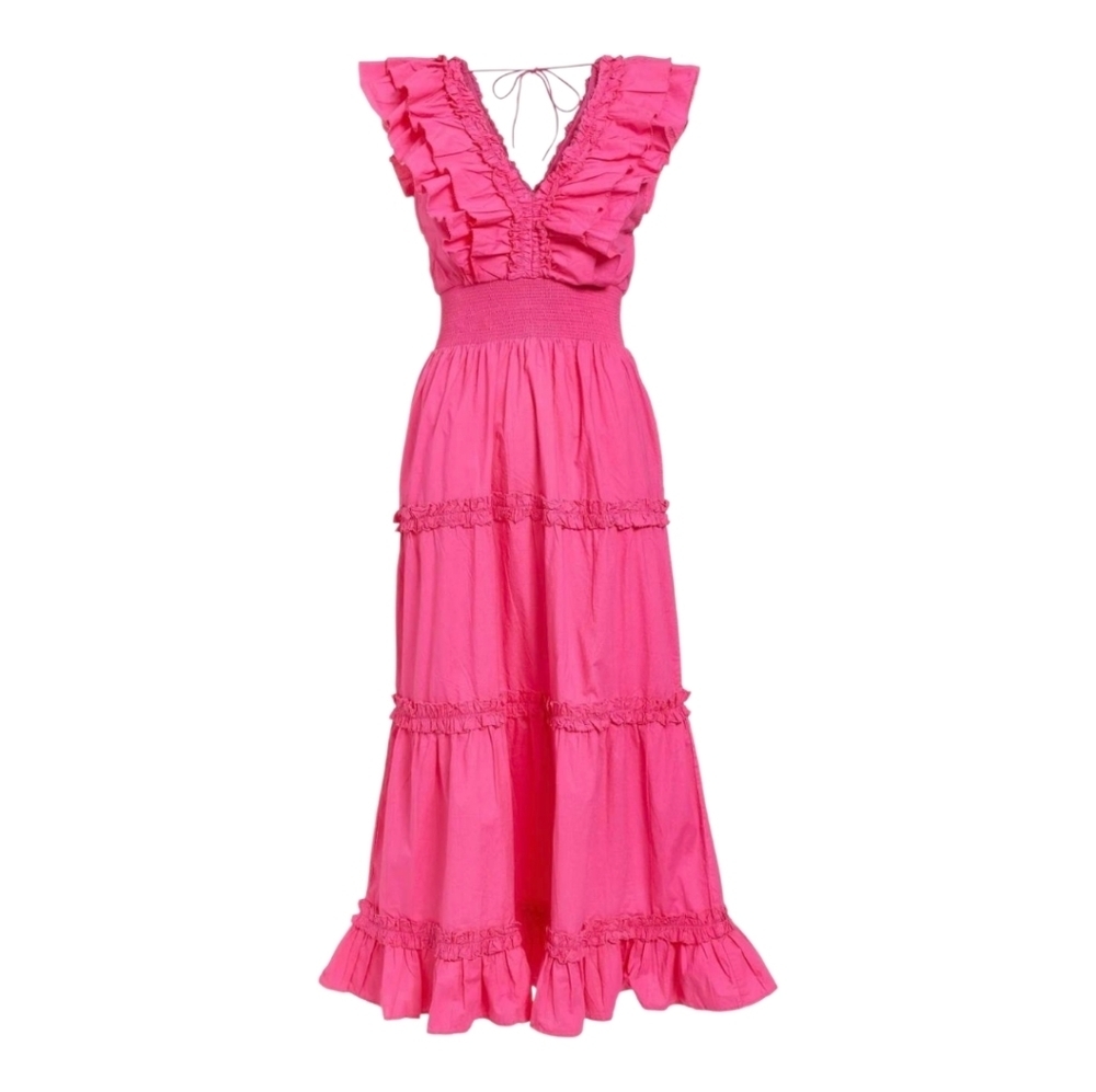 House Of Harlow 1960 Ruffled Tiered Maxi Dress Pockets Pink Small Milkmaid